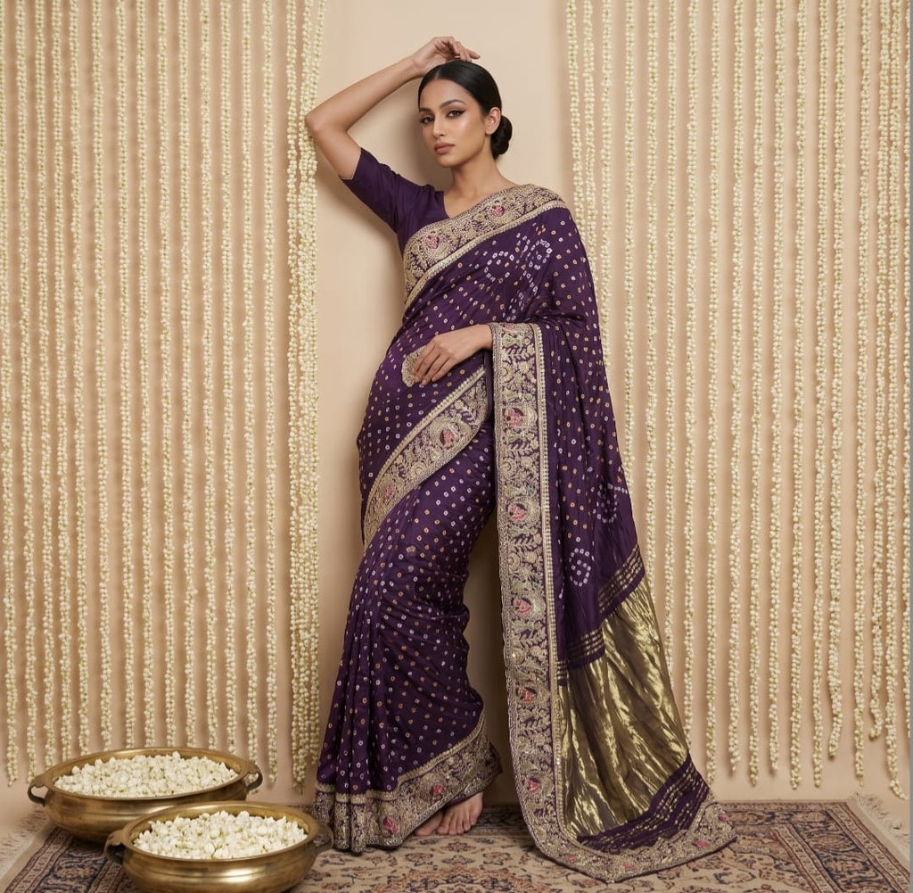 Purple handcrafted bridal saree