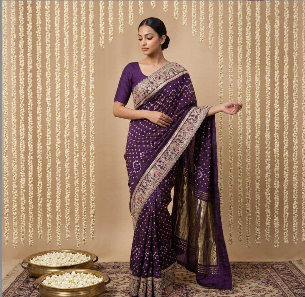 Purple handcrafted bridal saree