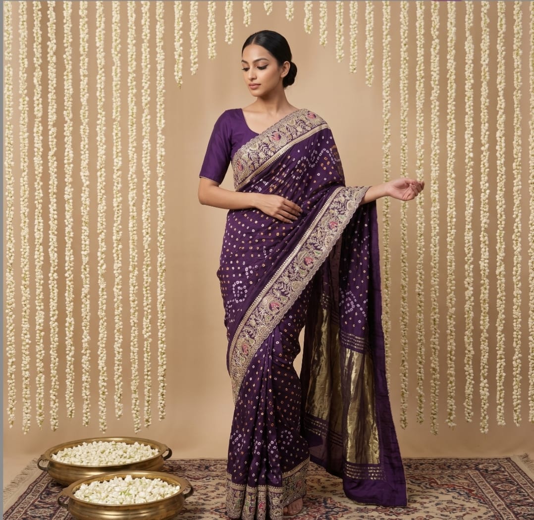 Purple handcrafted bridal saree
