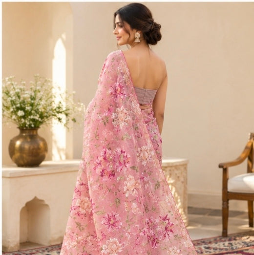 Blush pink floral organza saree