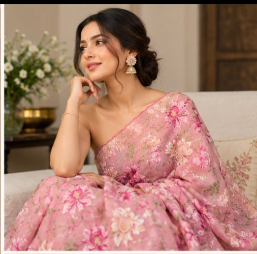Blush pink floral organza saree