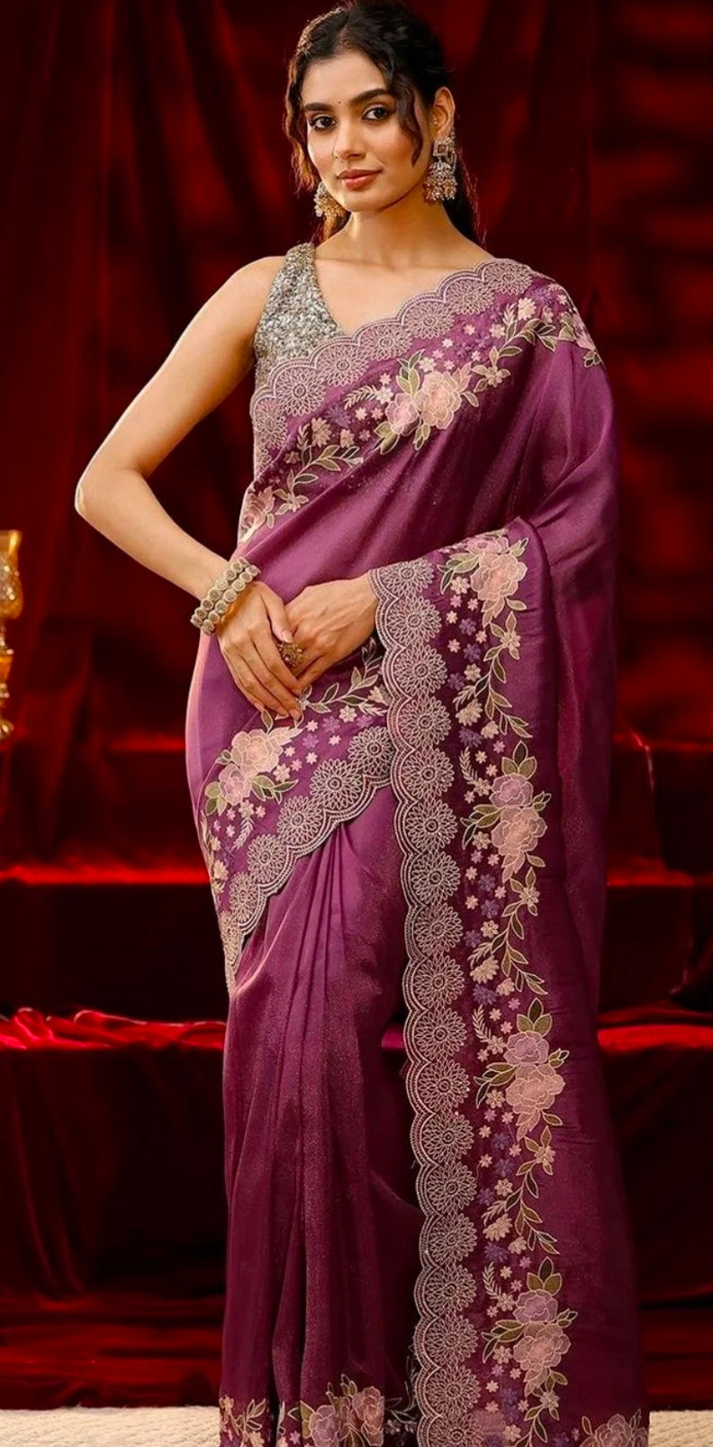Wine Embroidered Designer Saree
