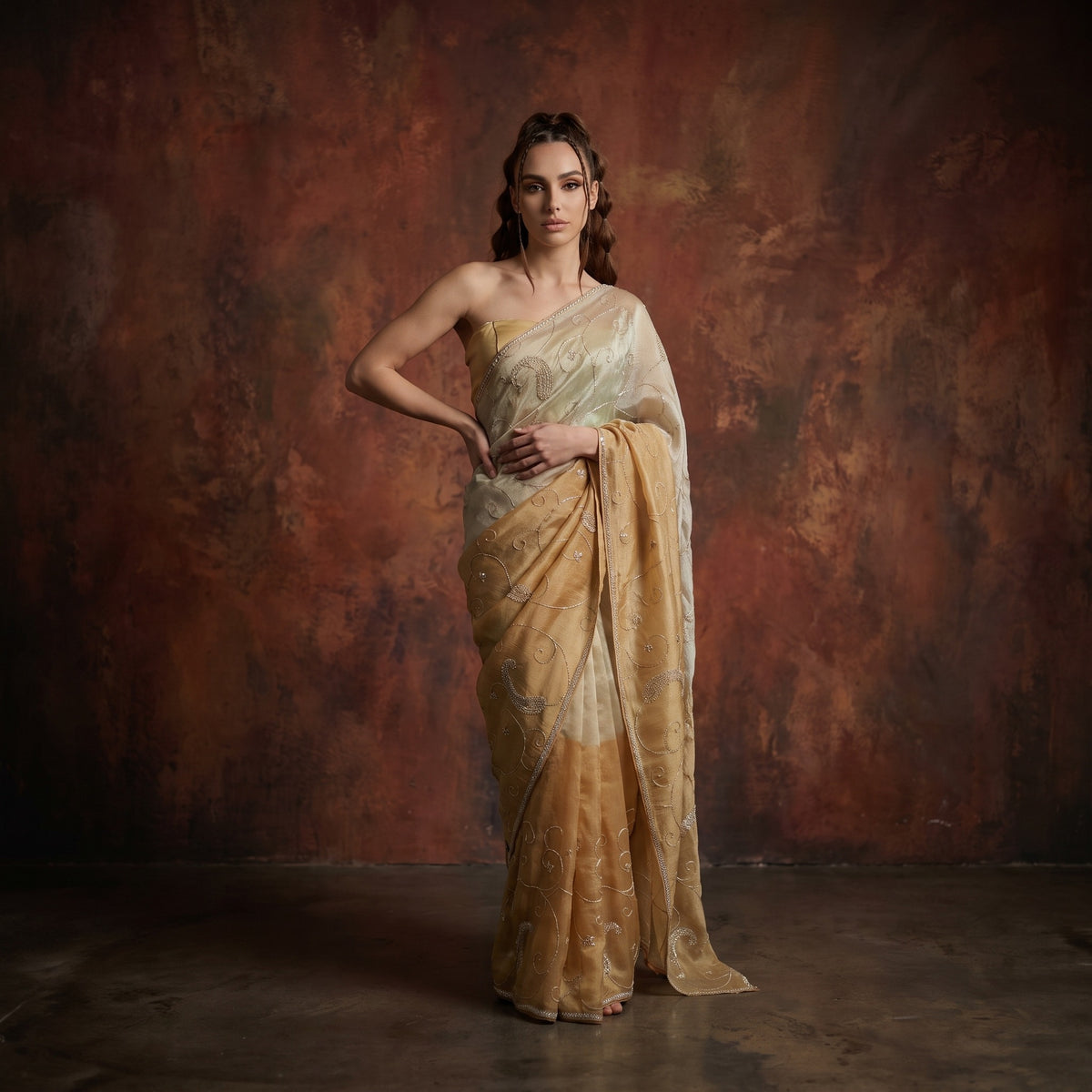 Golden colour full handwork saree