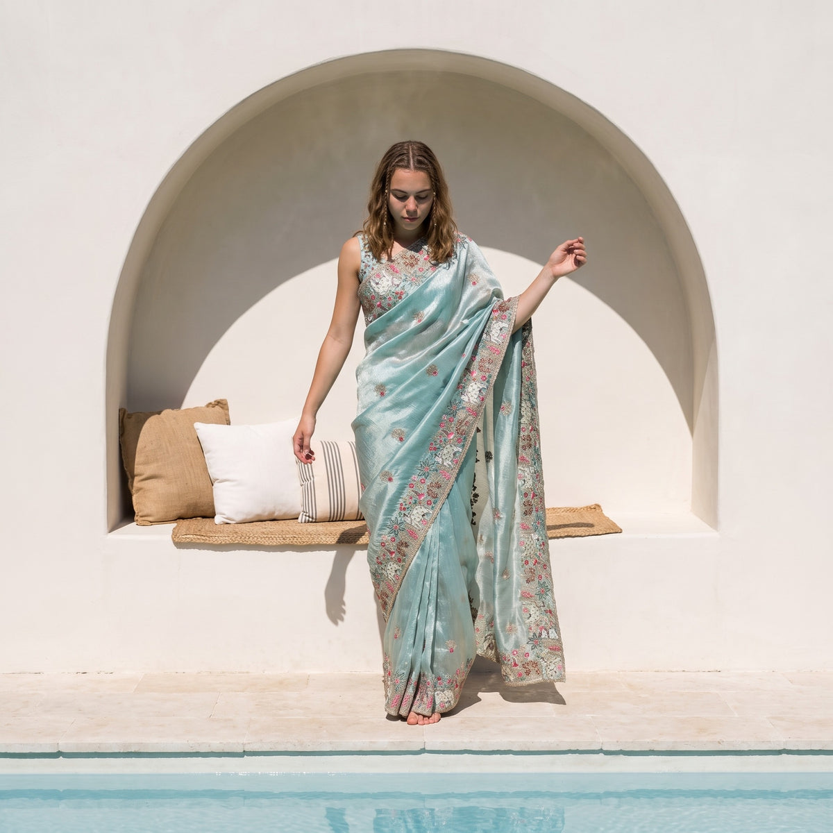 Pastel blue colour designer border saree
