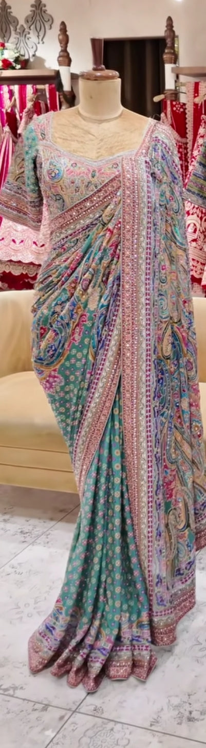 crepe printed and hand embroidery saree