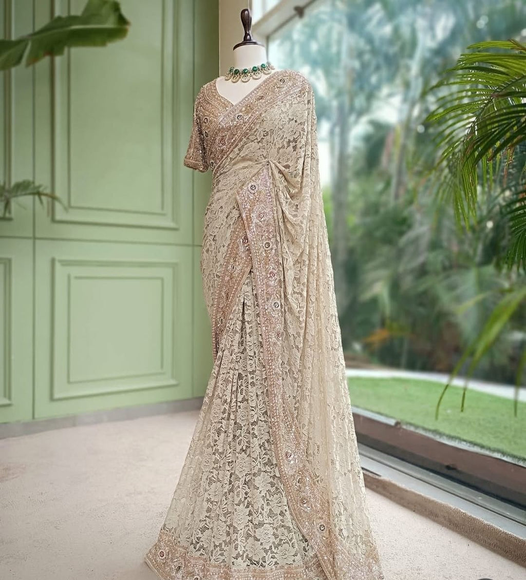 Elegant Pista Net Embroidered Saree