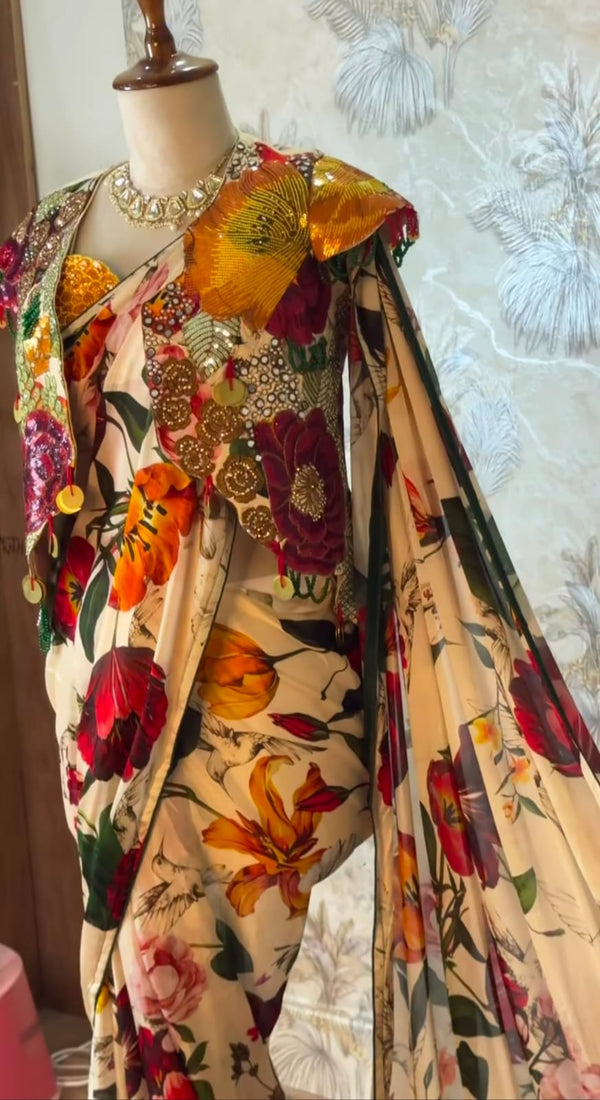 Designer printed stitch blouse saree