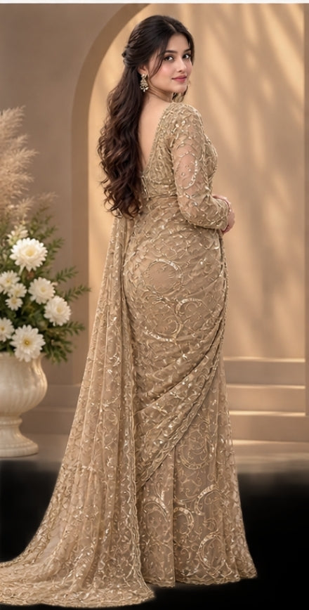gold embroidered net saree