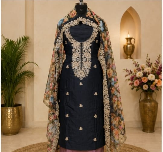 black  Floral Embroidered Unstitched Suit