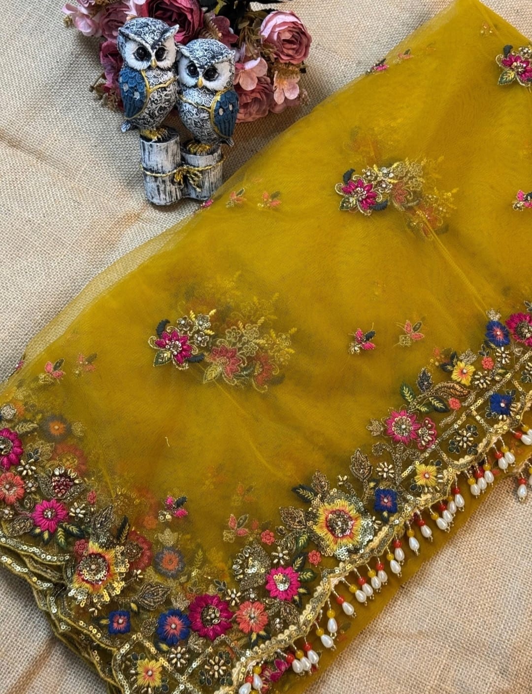 yellow colour net saree