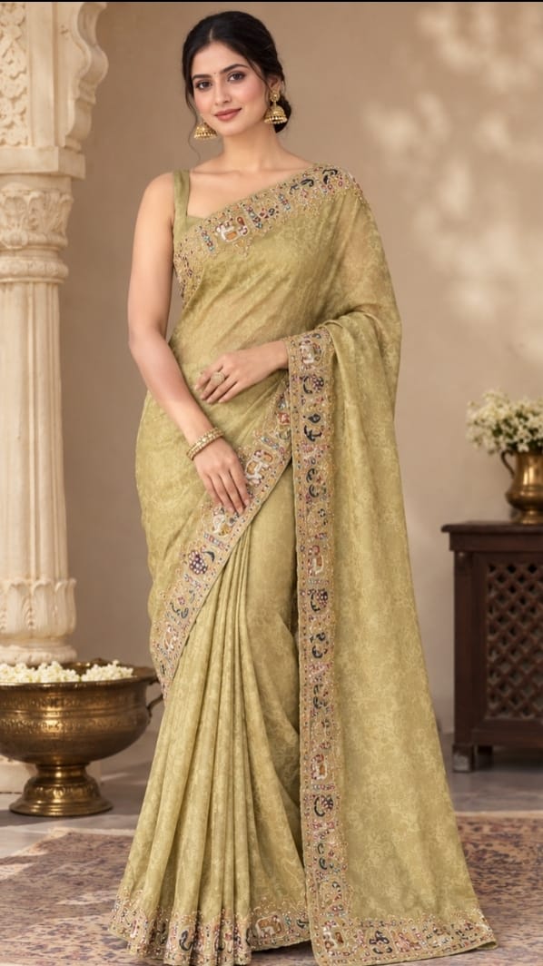 Beautiful pista colour hand embroidery saree