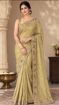 Beautiful pista colour hand embroidery saree
