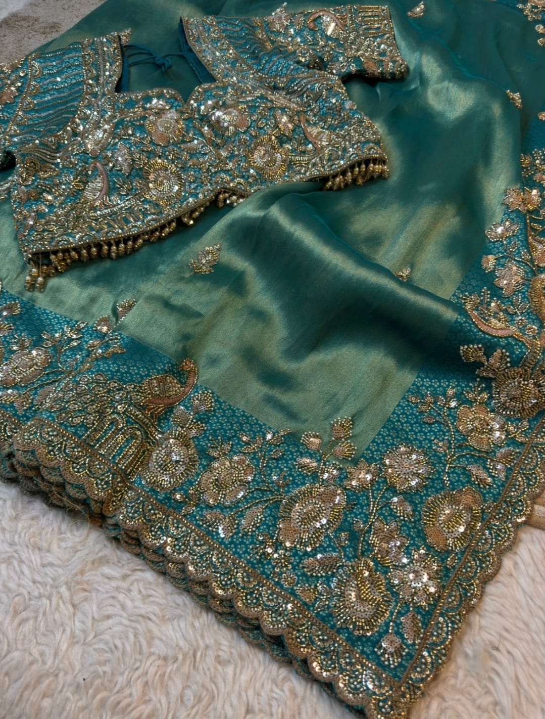 Blue colour stitch blouse saree