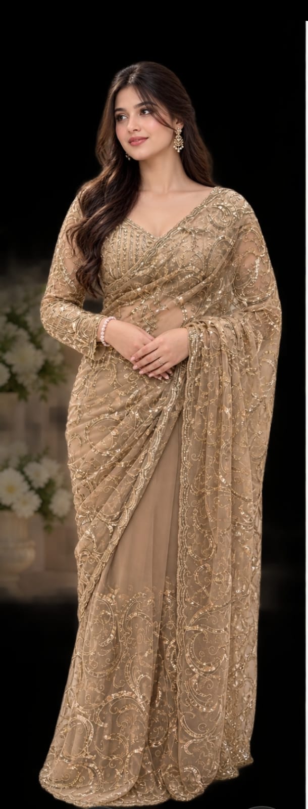 gold embroidered net saree