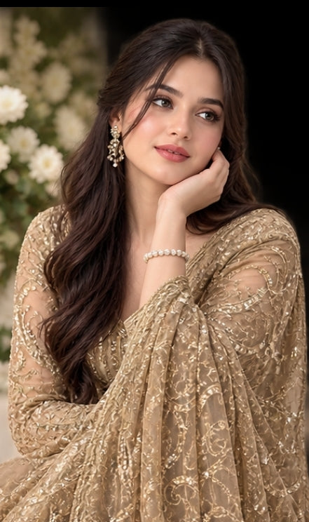 gold embroidered net saree