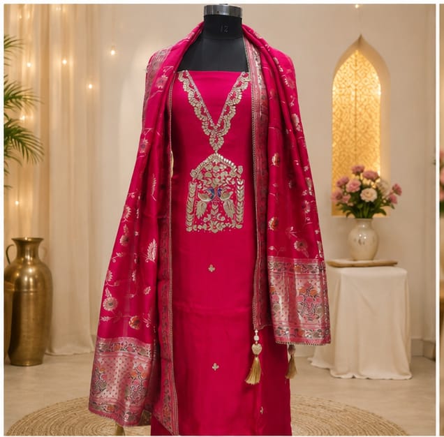 Rani Pink Embroidered Unstitched Suit Set