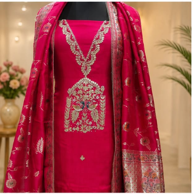 Rani Pink Embroidered Unstitched Suit Set