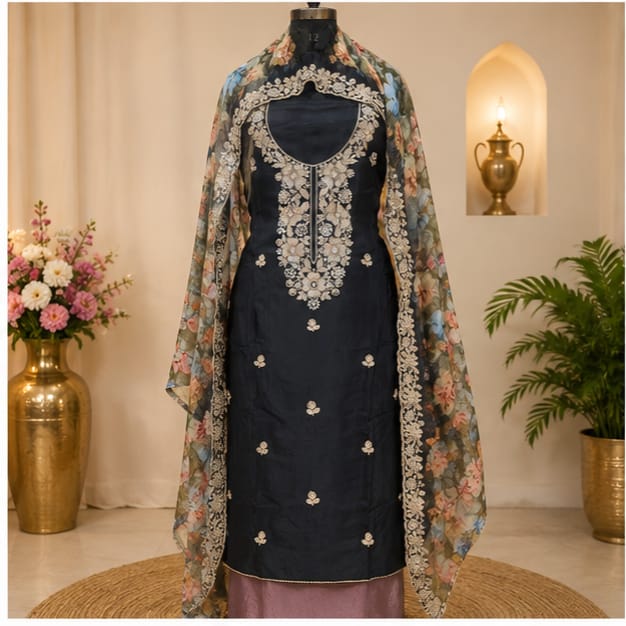 black  Floral Embroidered Unstitched Suit