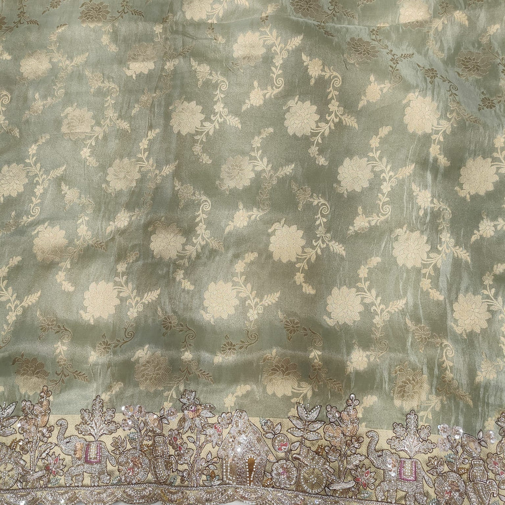 Elegant sage green floral border saree