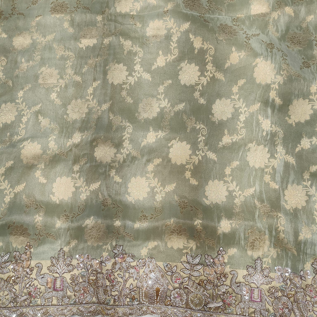 Elegant sage green floral border saree