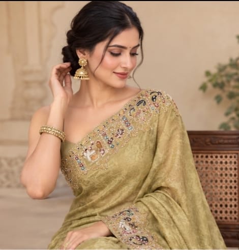 Beautiful pista colour hand embroidery saree