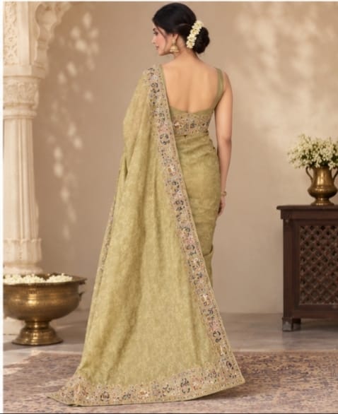 Beautiful pista colour hand embroidery saree