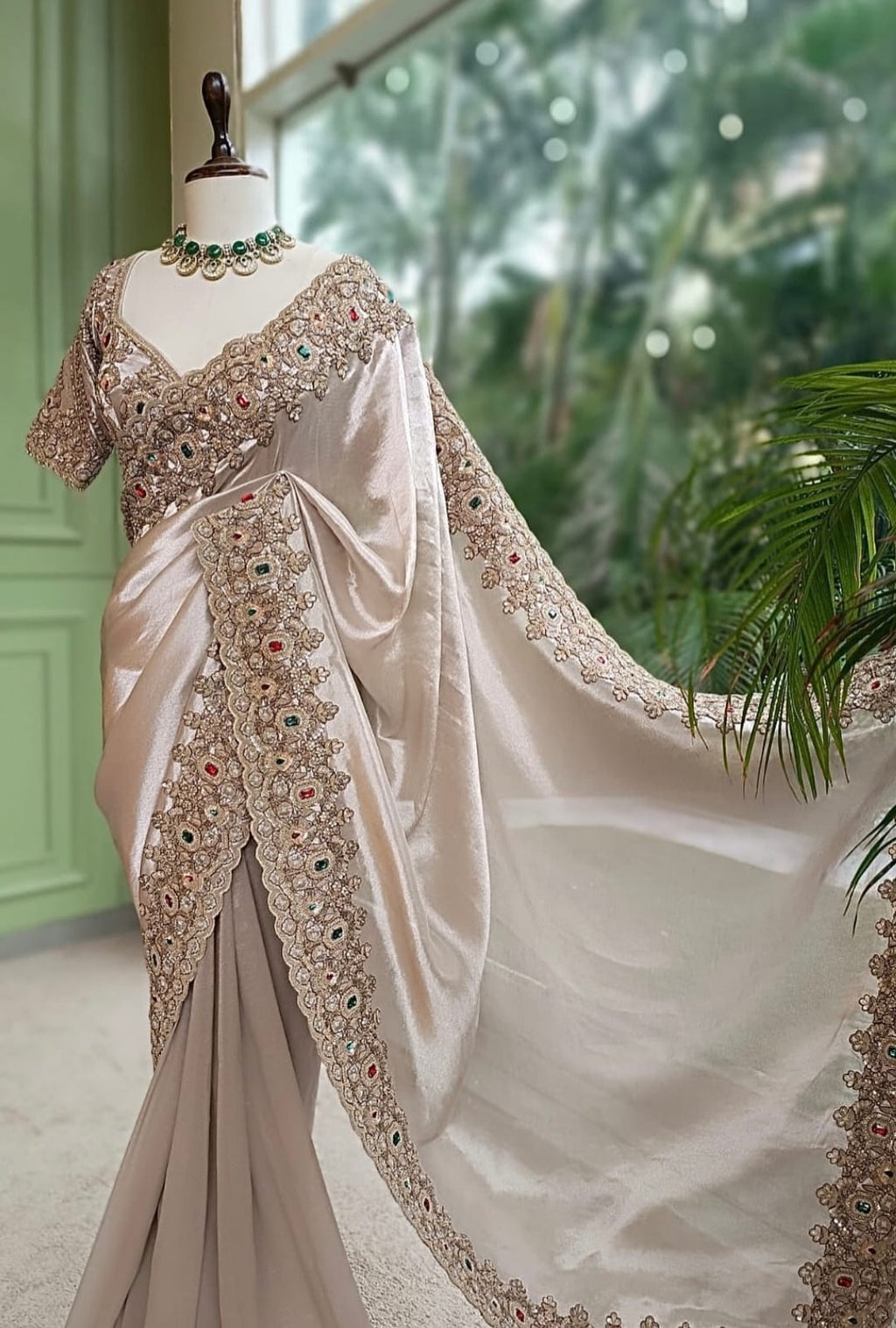 Elegant hand embroidered silver colour saree