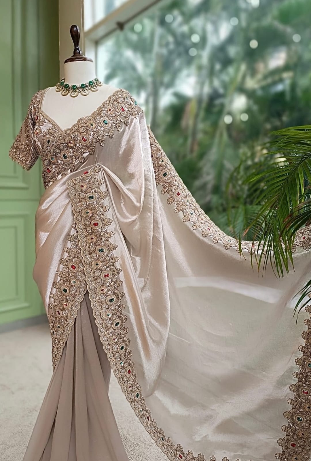 Elegant hand embroidered silver colour saree