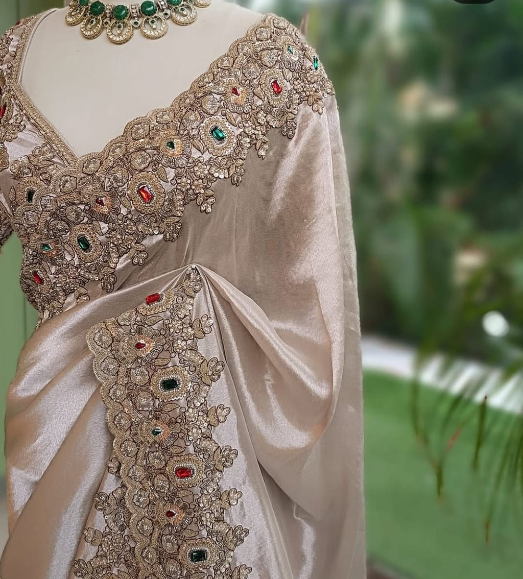 Elegant hand embroidered silver colour saree