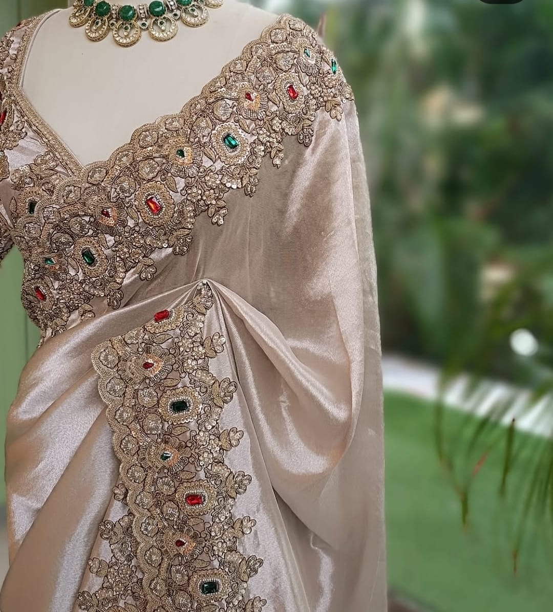 Elegant hand embroidered silver colour saree
