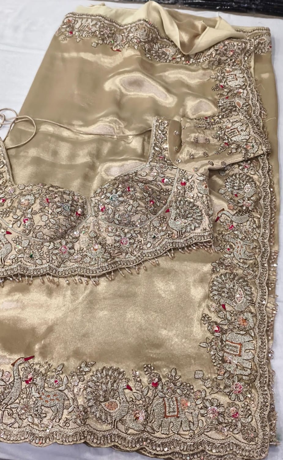 Luxury Champagne Gold Embroidered Bridal Blouse & Saree Border Set