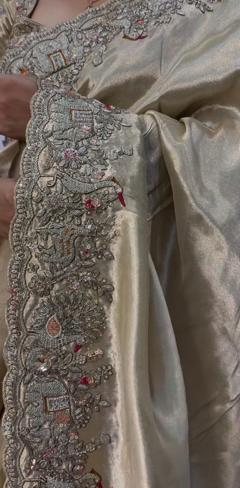 Luxury Champagne Gold Embroidered Bridal Blouse & Saree Border Set